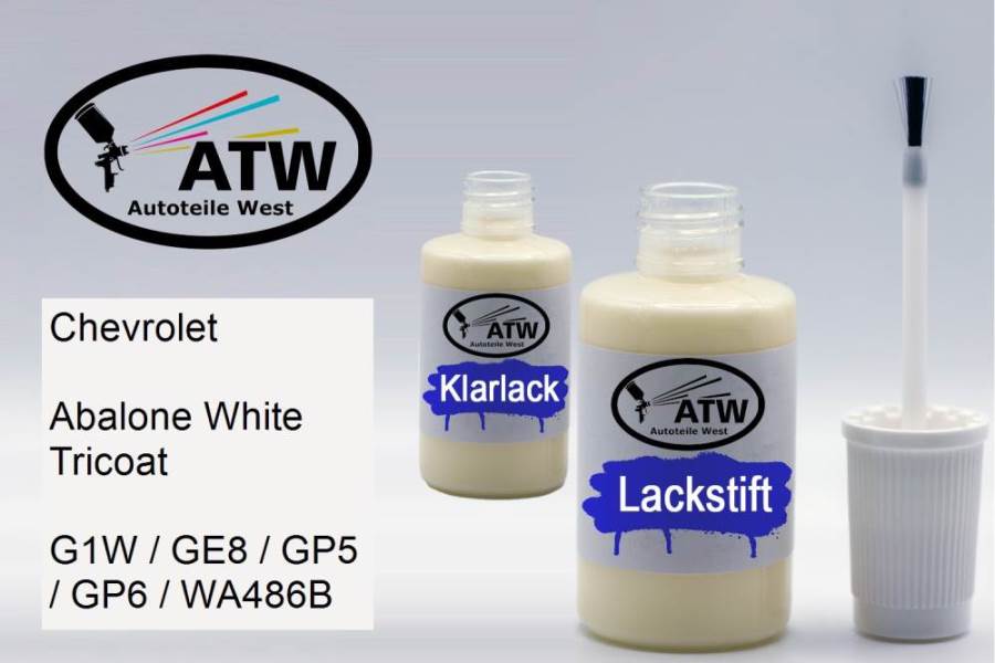 Chevrolet, Abalone White Tricoat, G1W / GE8 / GP5 / GP6 / WA486B: 20ml Lackstift + 20ml Klarlack - Set, von ATW Autoteile West.
